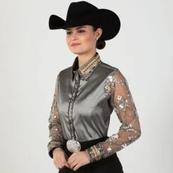 Silver Embellished Sheer Sleeve Show Blouse