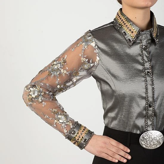 Silver Embellished Sheer Sleeve Show Blouse - Image 3